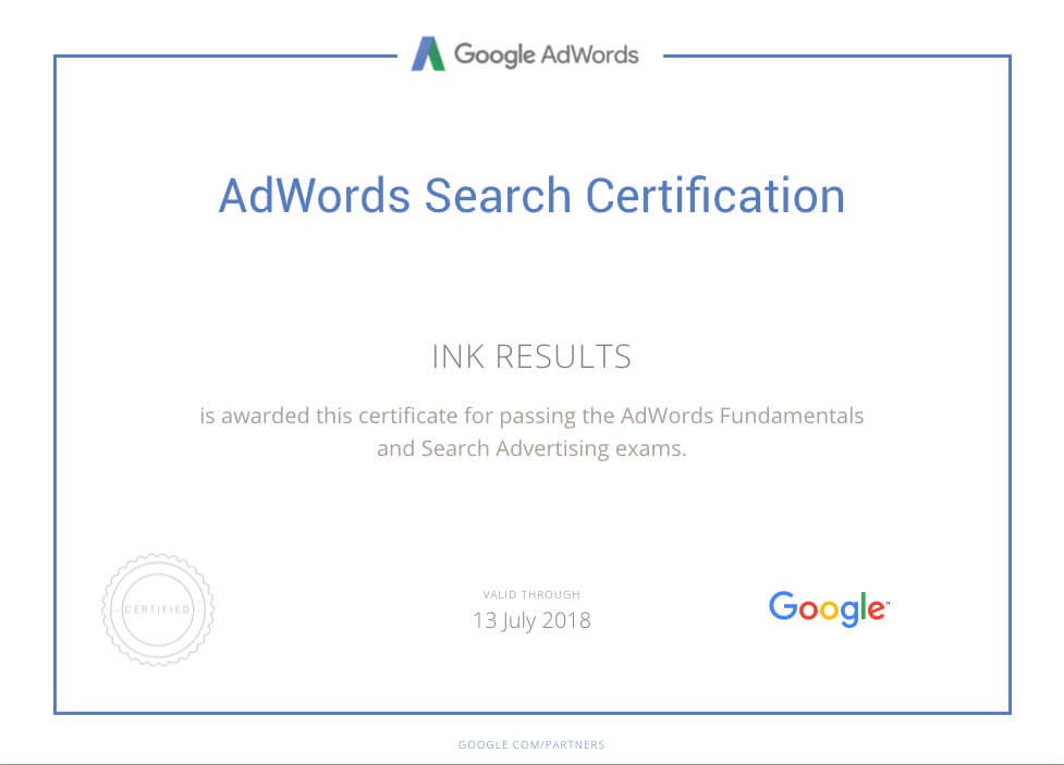 InkResults Google Adwords Search Certification